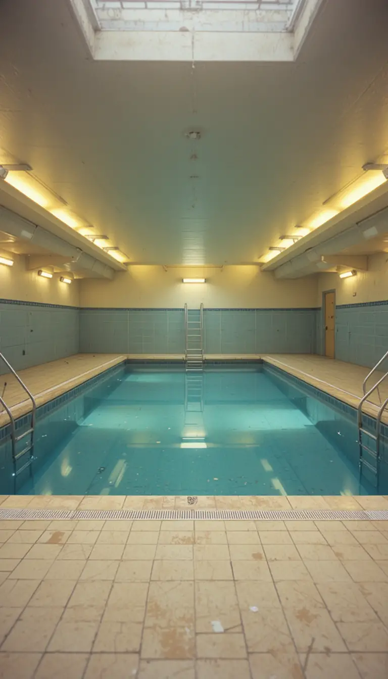 Empty indoor swimming pool with ladders and pale blue tiles