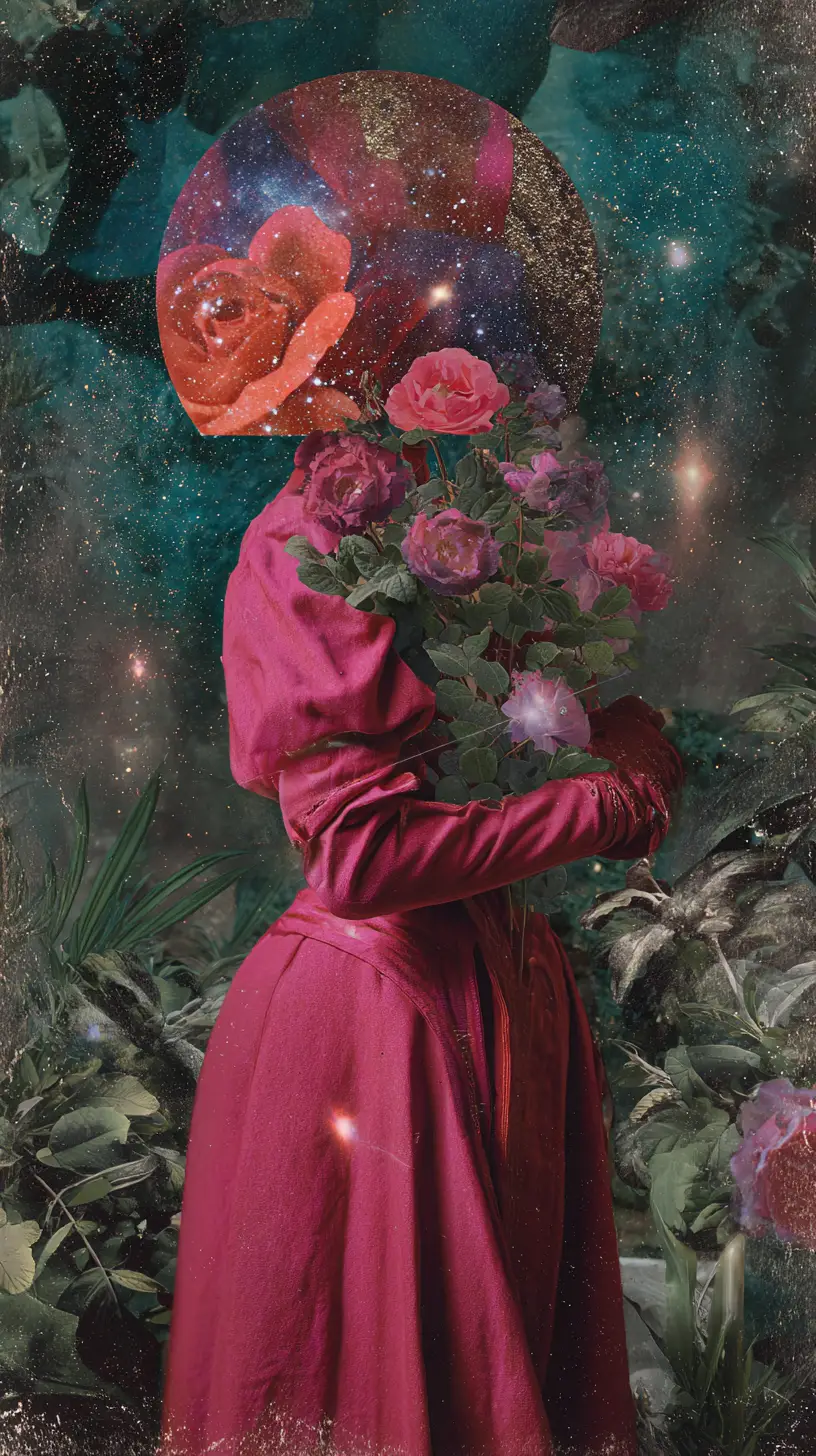 Angry anthropomorphic rose in surreal vintage collage