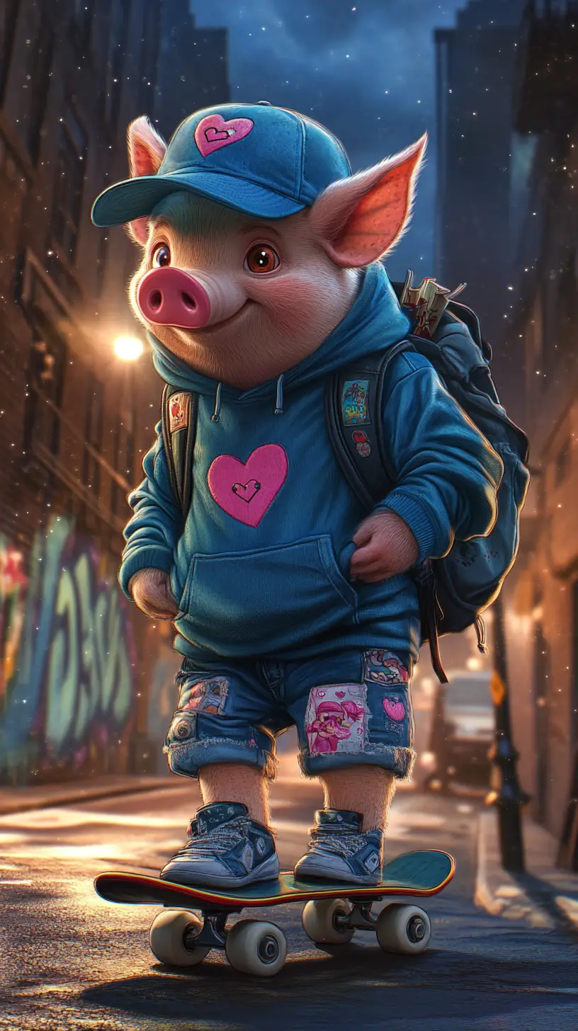 Cheerful Skateboarding Pig In A Whimsical City Night Scene