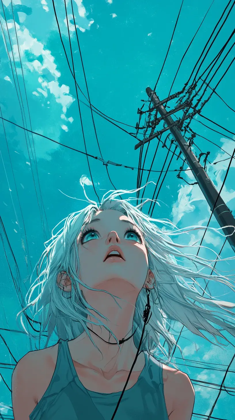 Melancholic anime girl beneath urban power lines