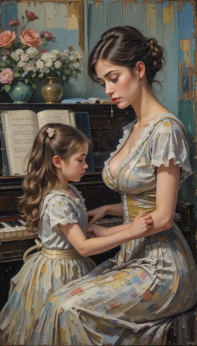 Young woman teaching a girl to play piano in impasto painting