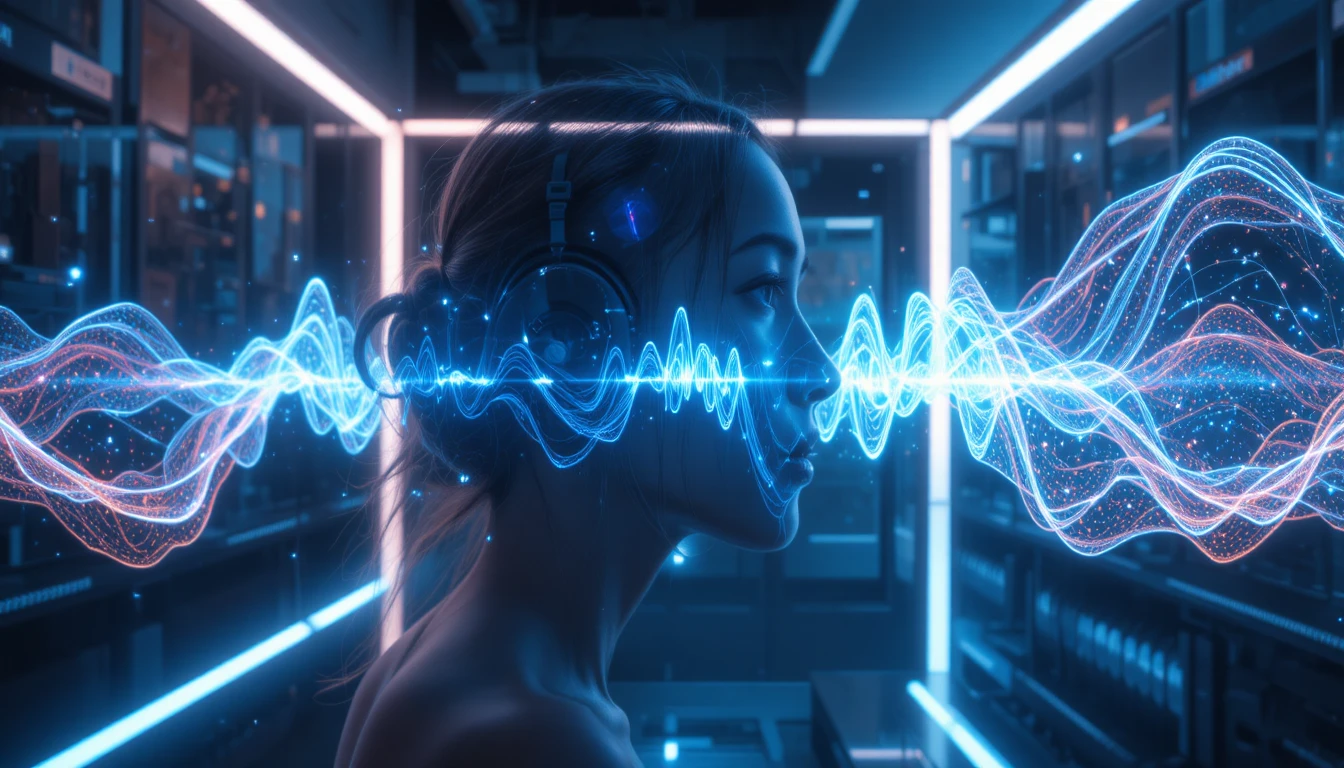 Futuristic glowing sound waves in dark minimalist space