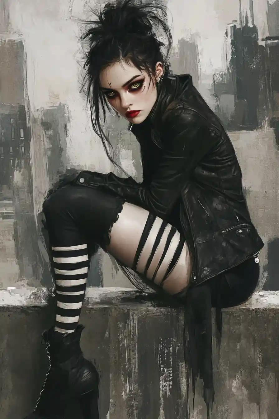 Gothic-Frau auf Betonkante in dystopischer Stadt