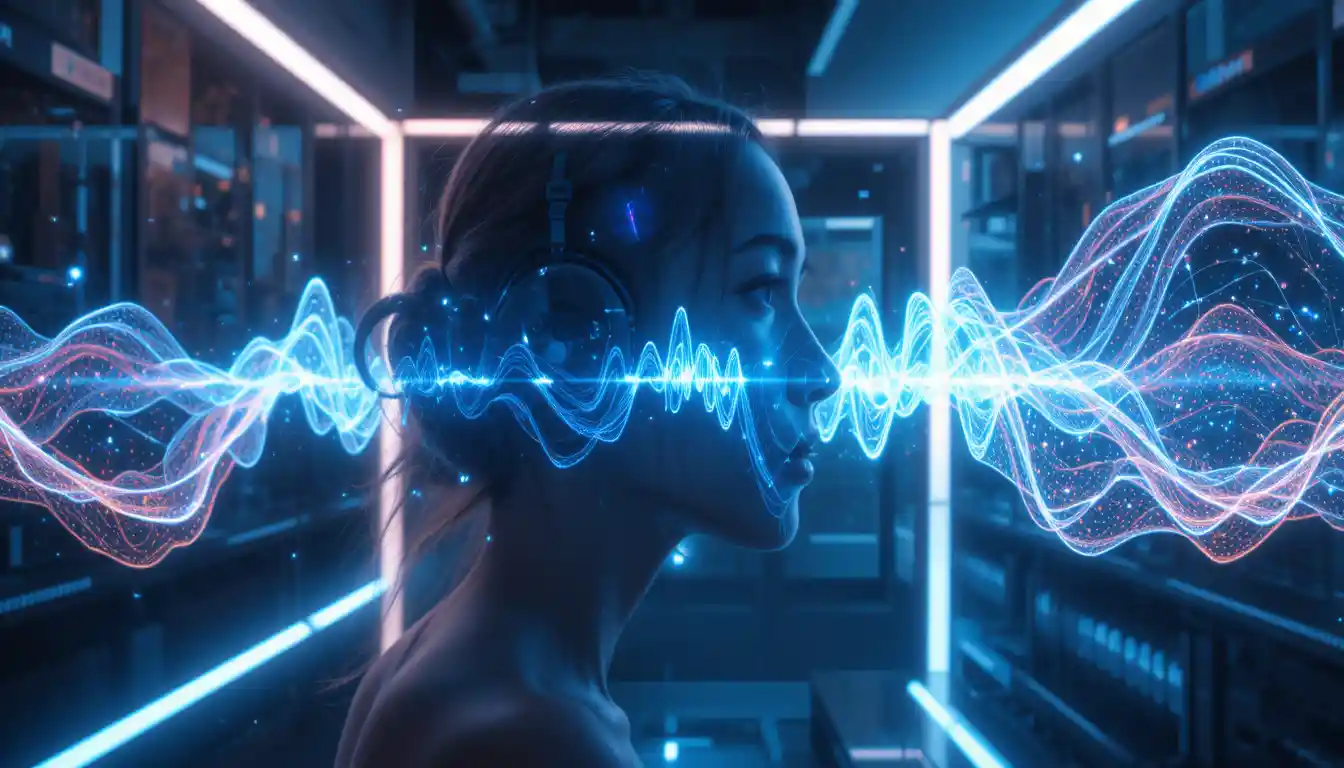 Futuristic glowing sound waves in dark minimalist space