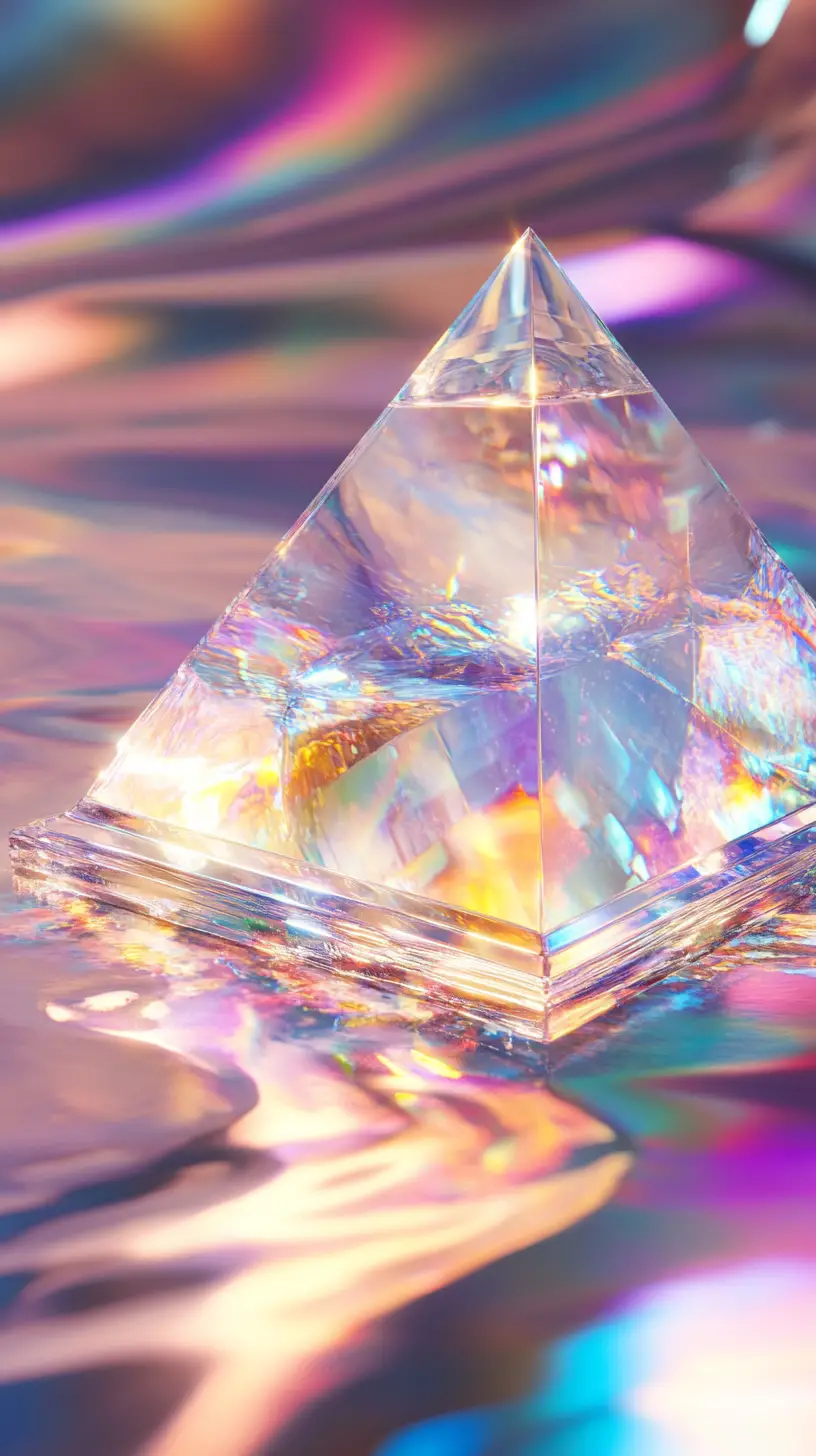 Crystalline pyramid above an iridescent cosmic ocean