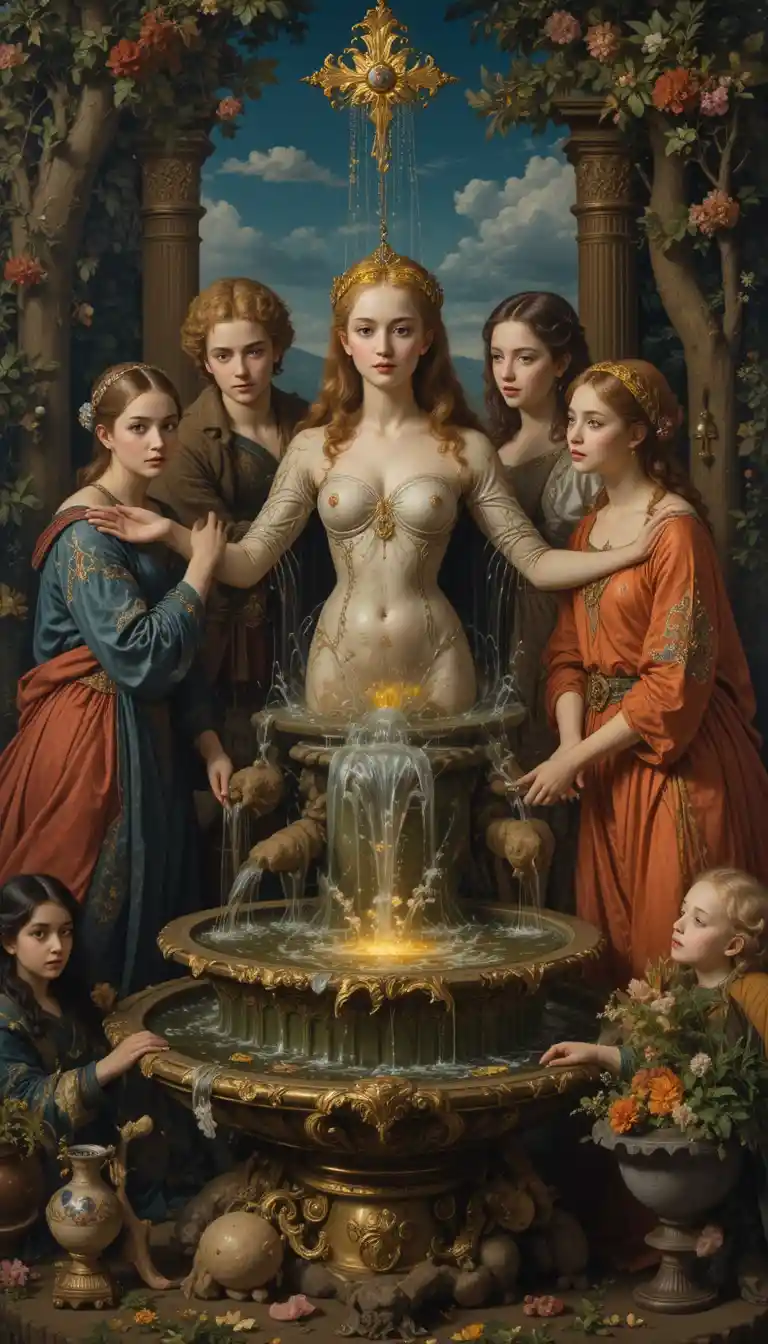 Fontaine colorée de jouvence en style pictural riche