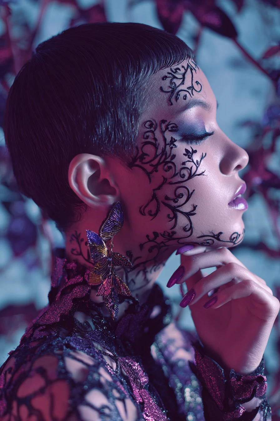 Femme glamour à la peau brillante et au maquillage artistique du visage