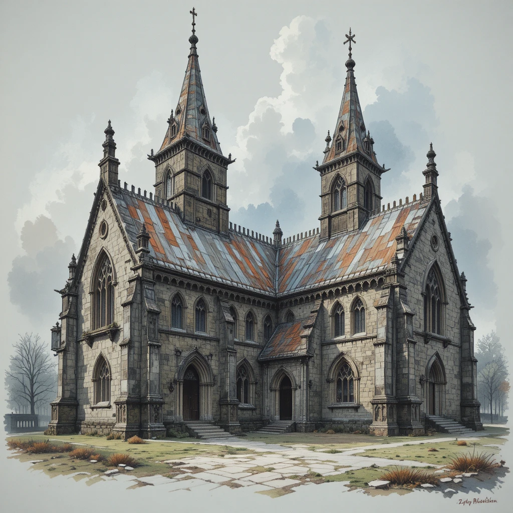 Medieval Celtic church architecture in moody mixed media painting