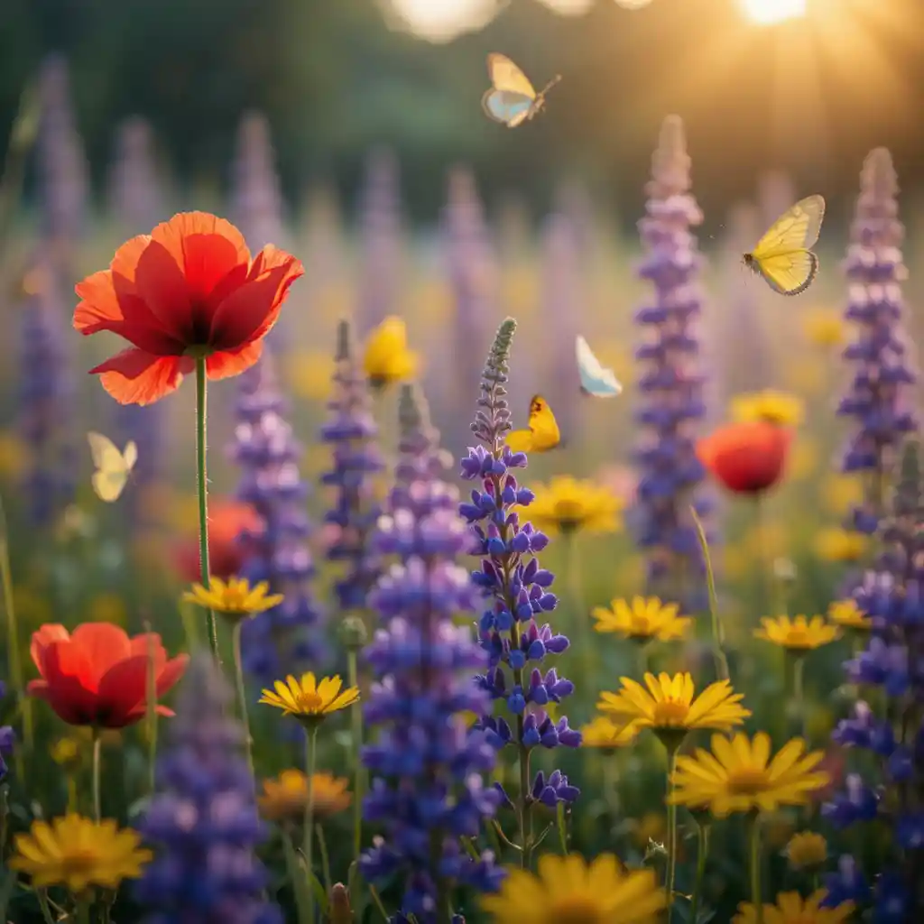 Prato di fiori selvatici in primo piano alla calda luce dorata