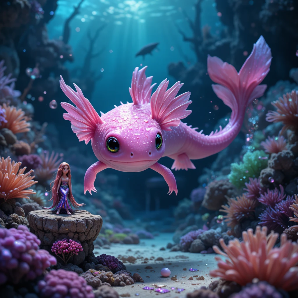 Rosa Axolotl erkundet eine verträumte Unterwasserwelt