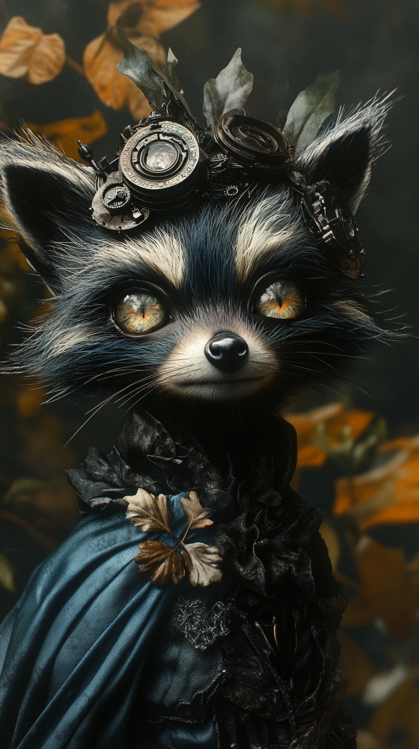 Surreal raccoon figure in a dark enchanted forest