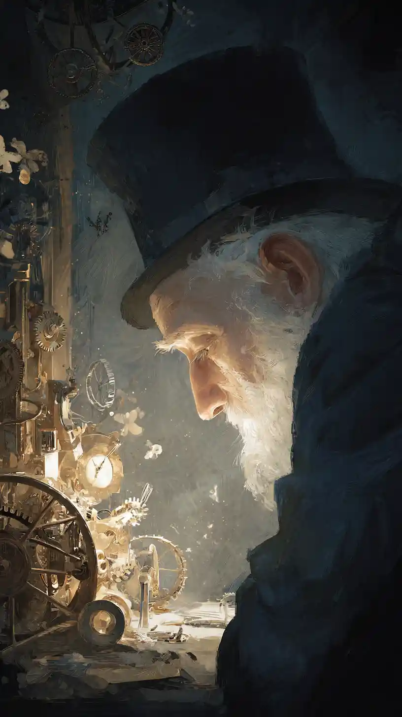 Old man in steampunk hat studying clockwork in workshop