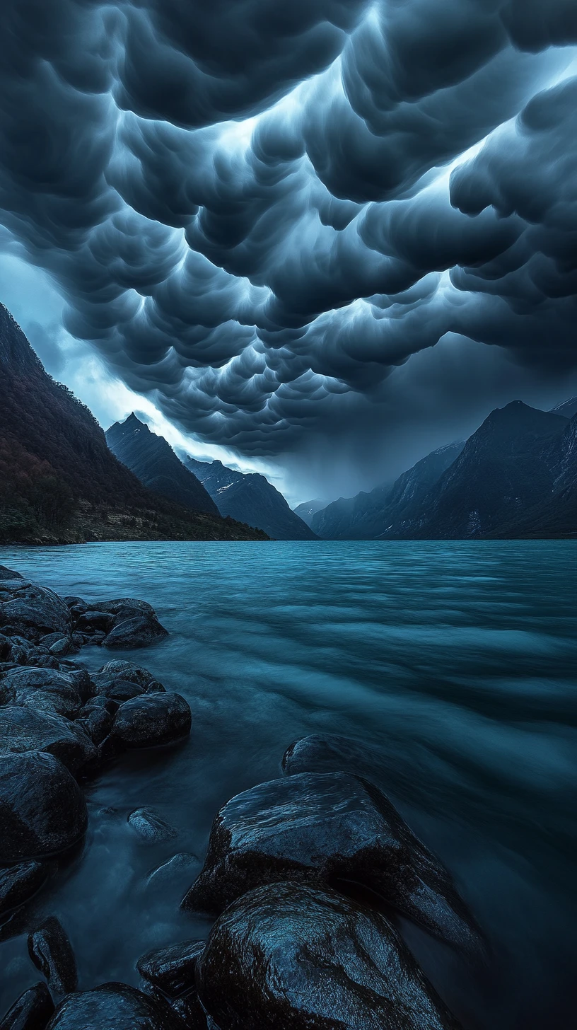 Dark storm over bioluminescent river in alpine fjord