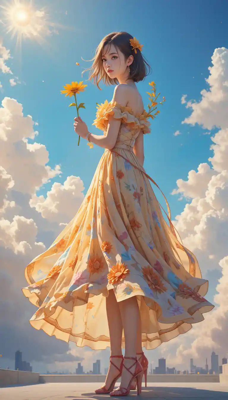 Ragazza anime in abito con girasole davanti a un cielo nuvoloso