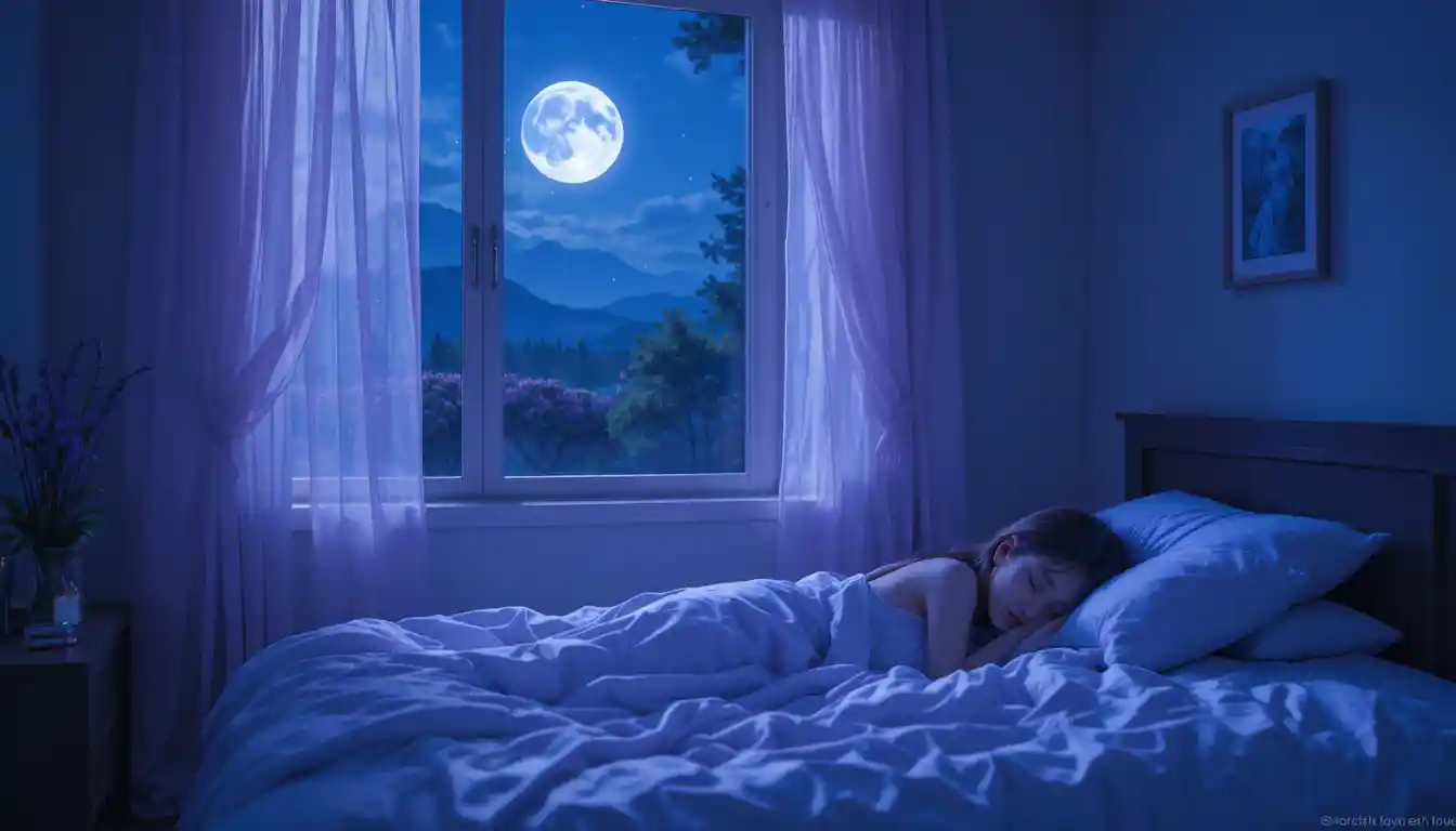 Dormitorio tranquilo con cama iluminada por la luna y cortinas vaporosas