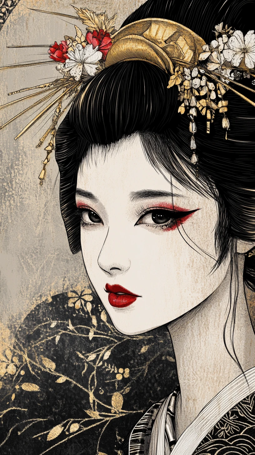 Portrait de Geisha en Audacieux Style Ukiyo-e Monochrome à l’Encre