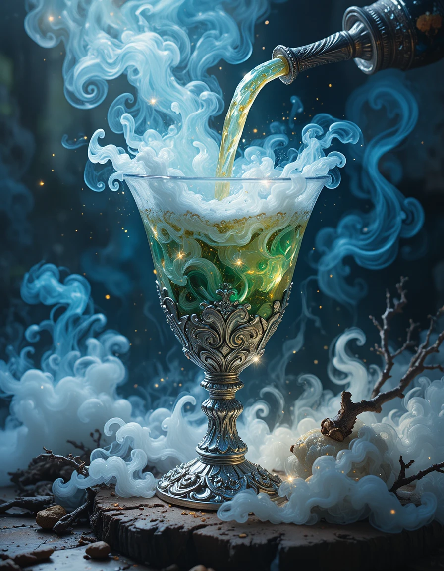 Magical bubbling cocktail in an ornate silver goblet