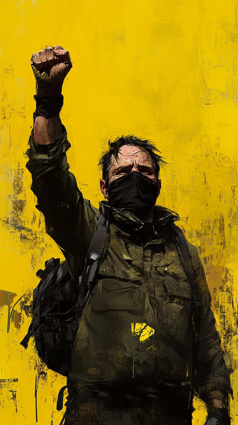 Masked man raising clenched fist against bold yellow backdrop