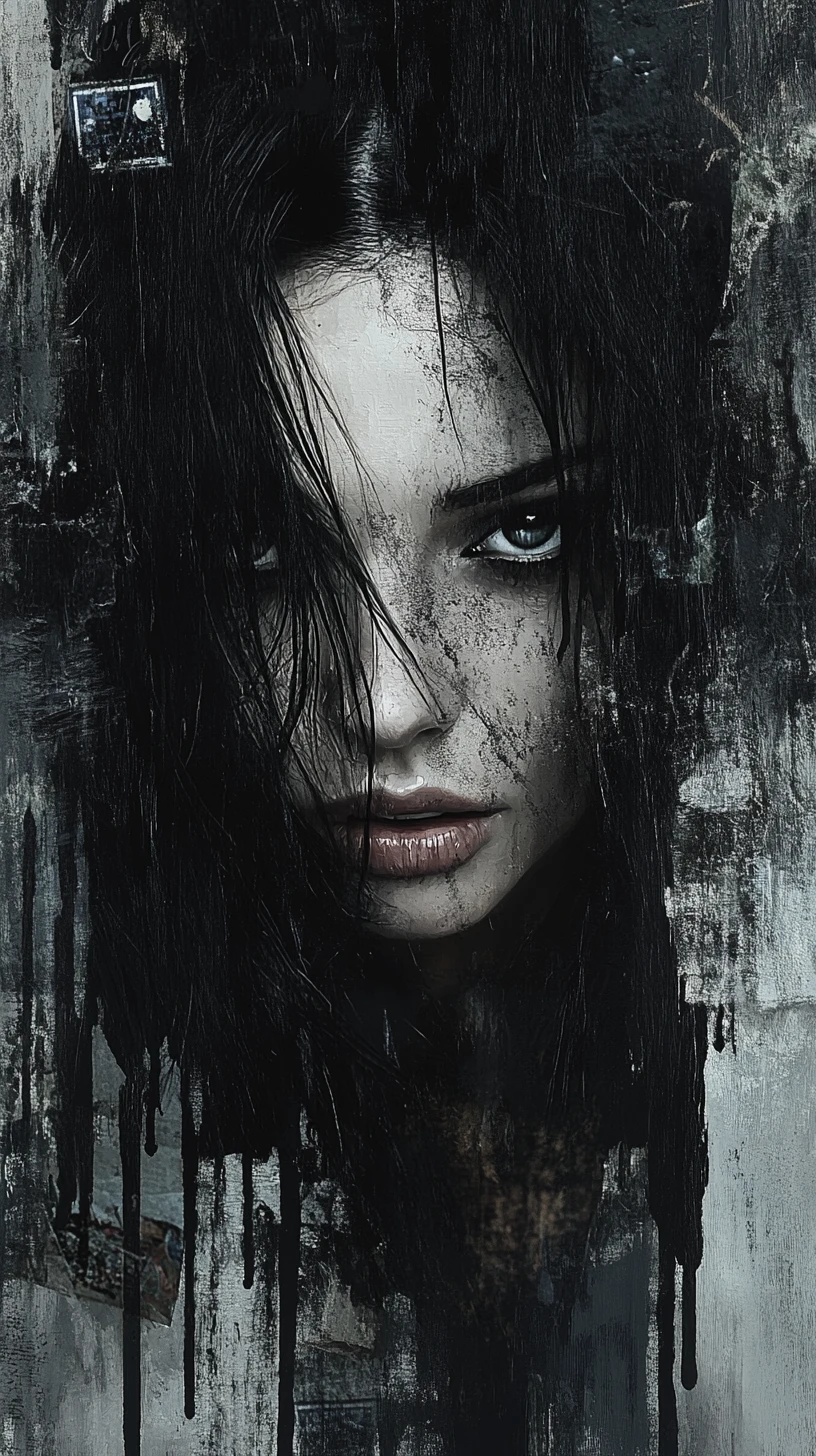Woman with dripping black paint and sorrowful gaze