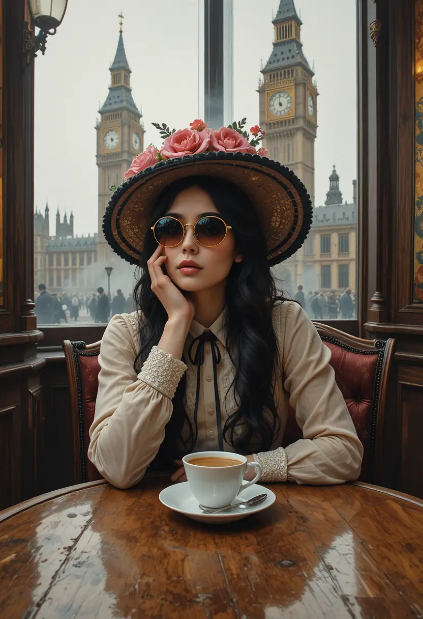 Melancholische Frau in einem viktorianischen Londoner Teesalon