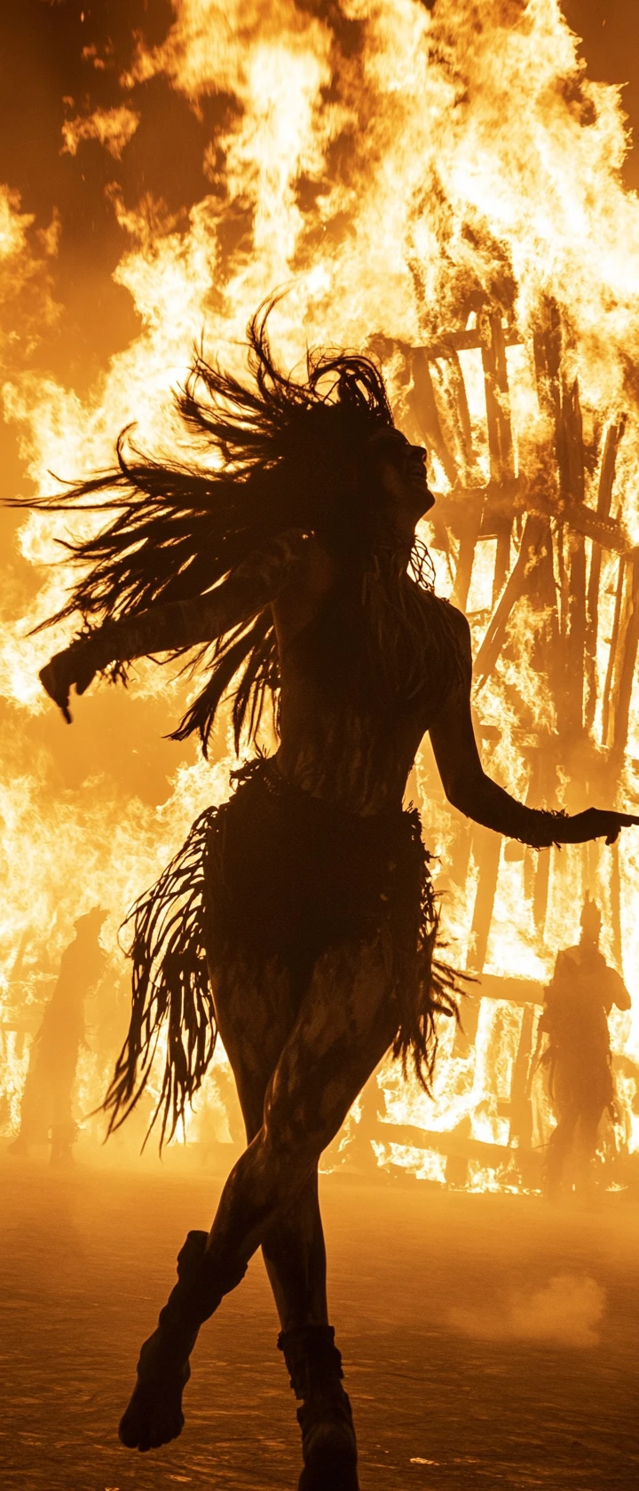 Jubilant dancer in silhouette at burning desert festival