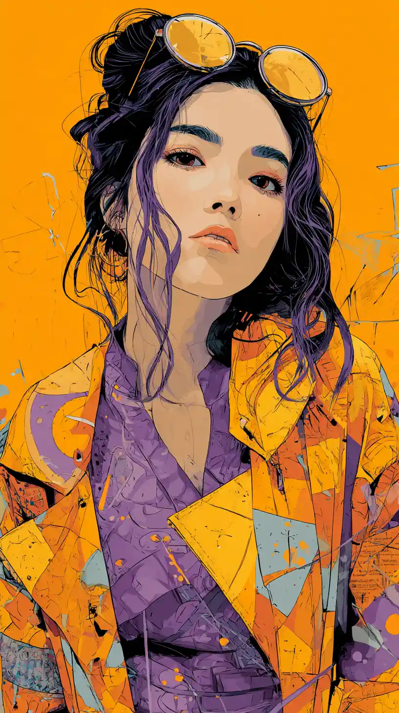Young fashion woman in bold orange and purple illustration