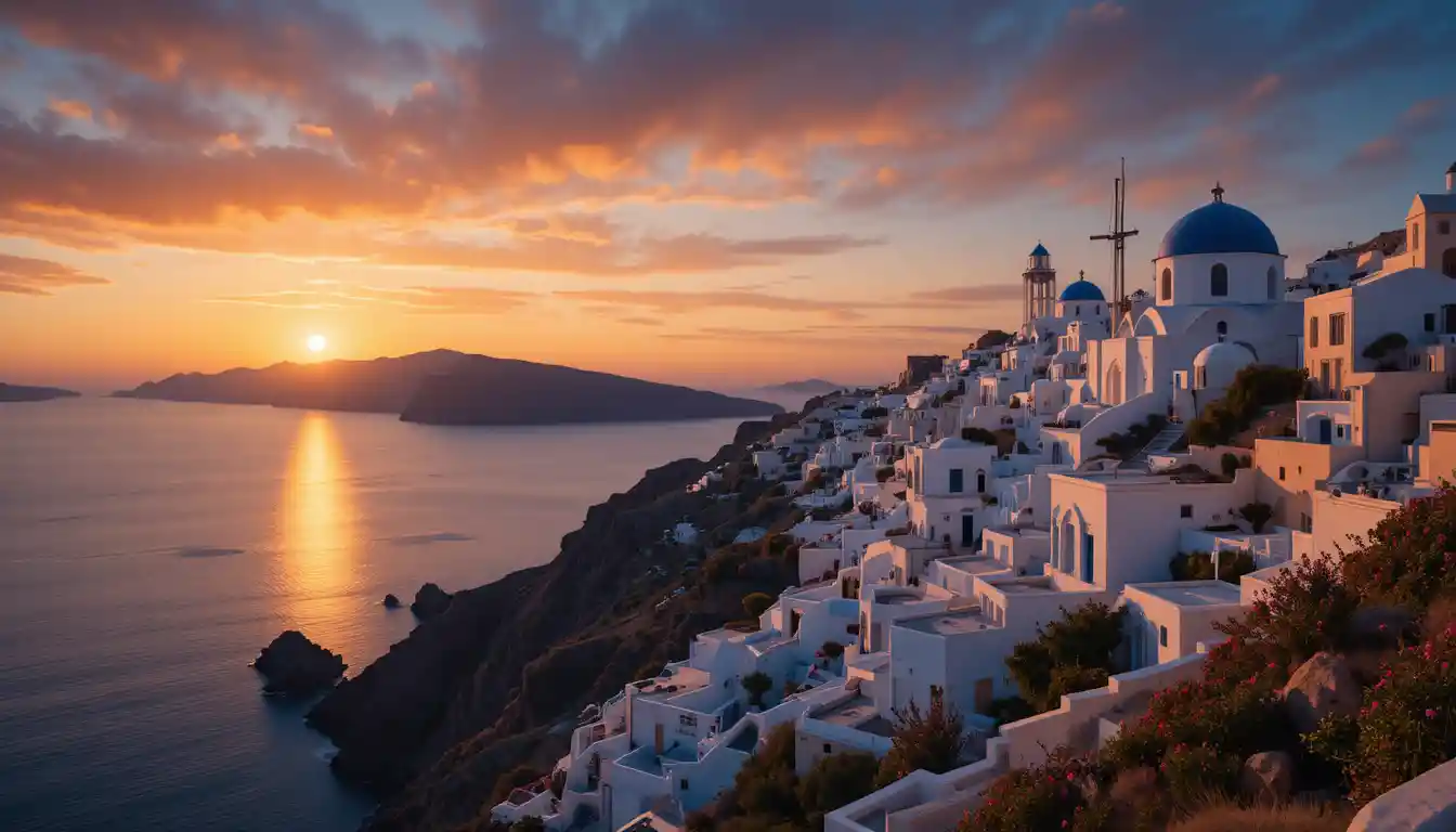 Romantic Santorini sunset over whitewashed cliffside village