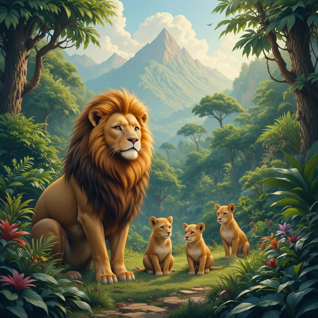 Familia de leones descansando junta en una jungla exuberante