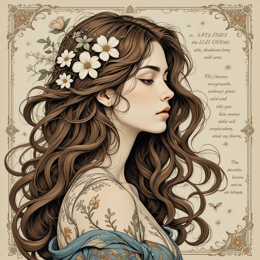 Ornate side profile portrait of a serene young woman