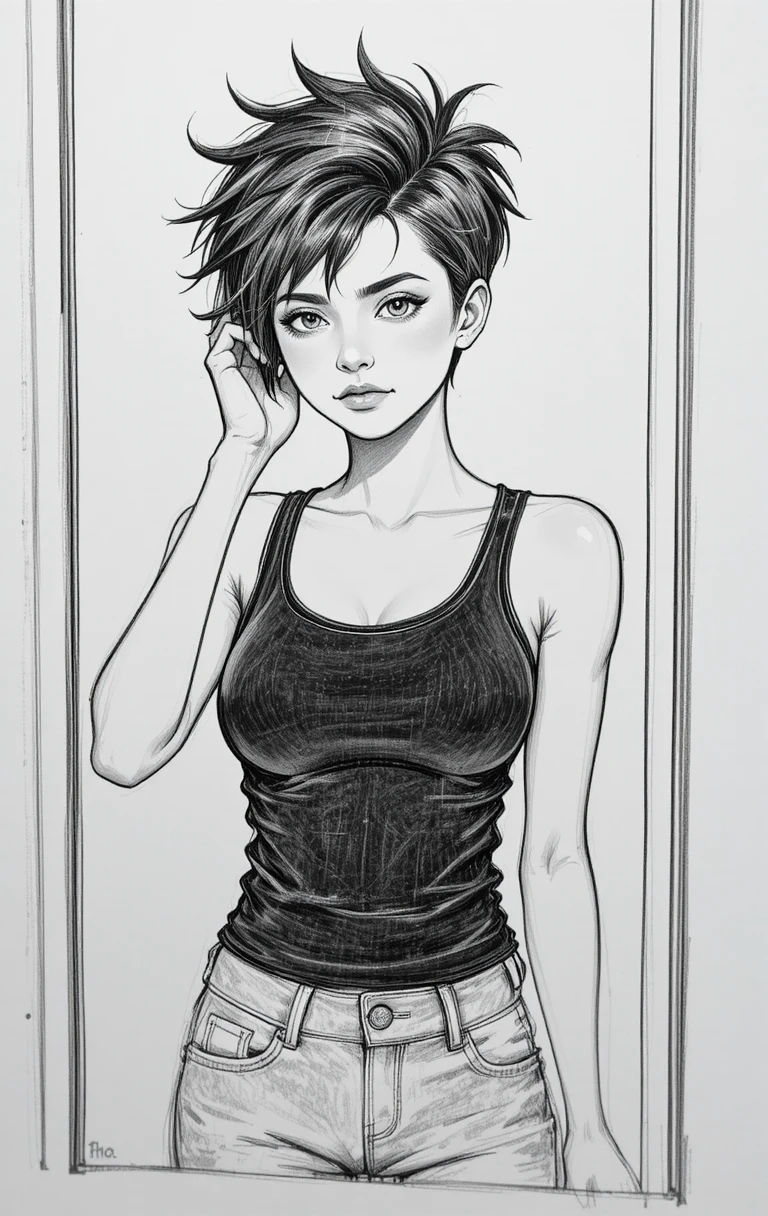 Teen girl in mirror with messy pixie cut and sad gaze