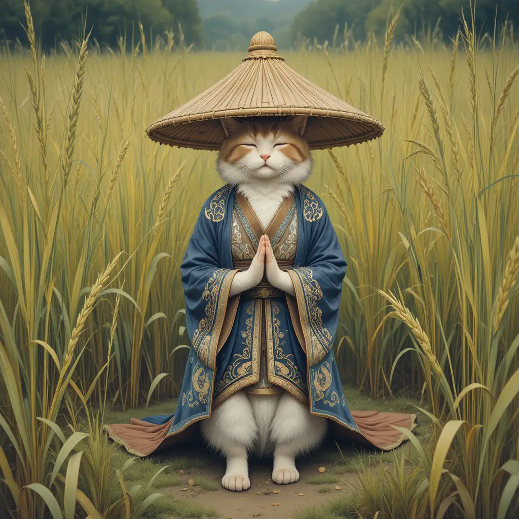 Meditating cat in robe and conical hat in rice field