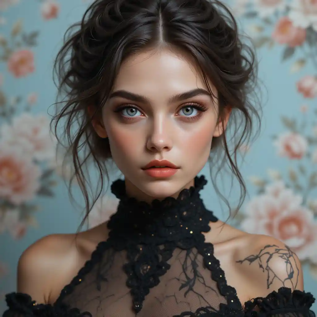 Mystical blue eyed girl in black lace with floral backdrop