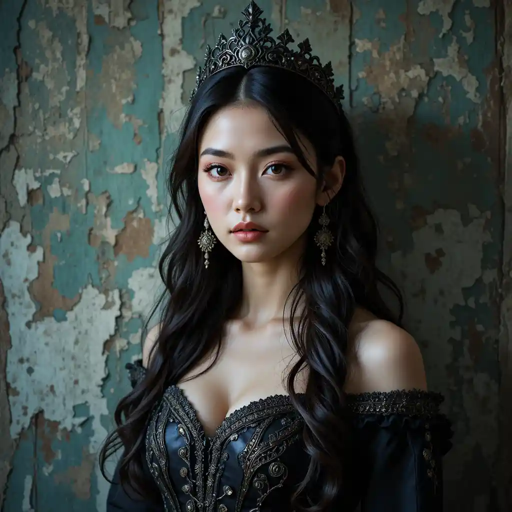 Young asian woman in ornate dark gown and crown