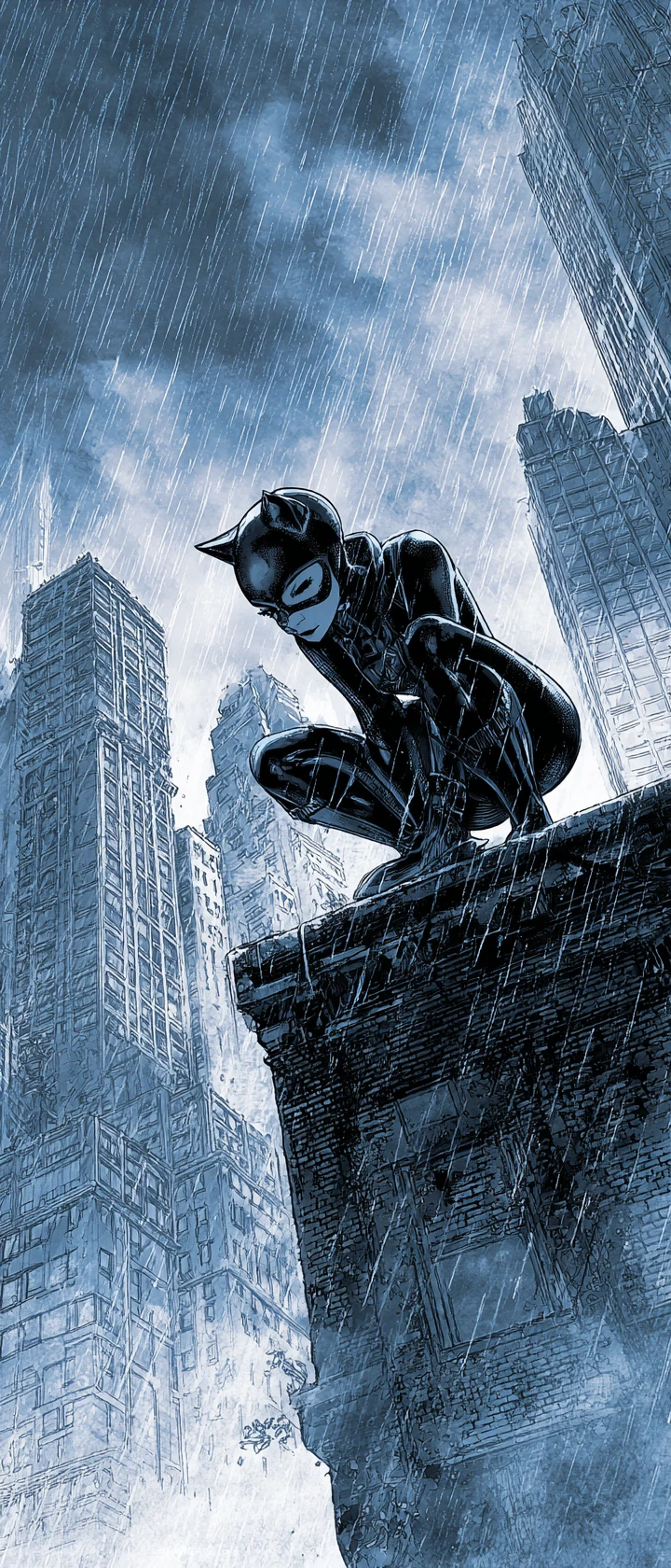 Anime-Catwoman auf einem verregneten Hochhausdach in Gotham City
