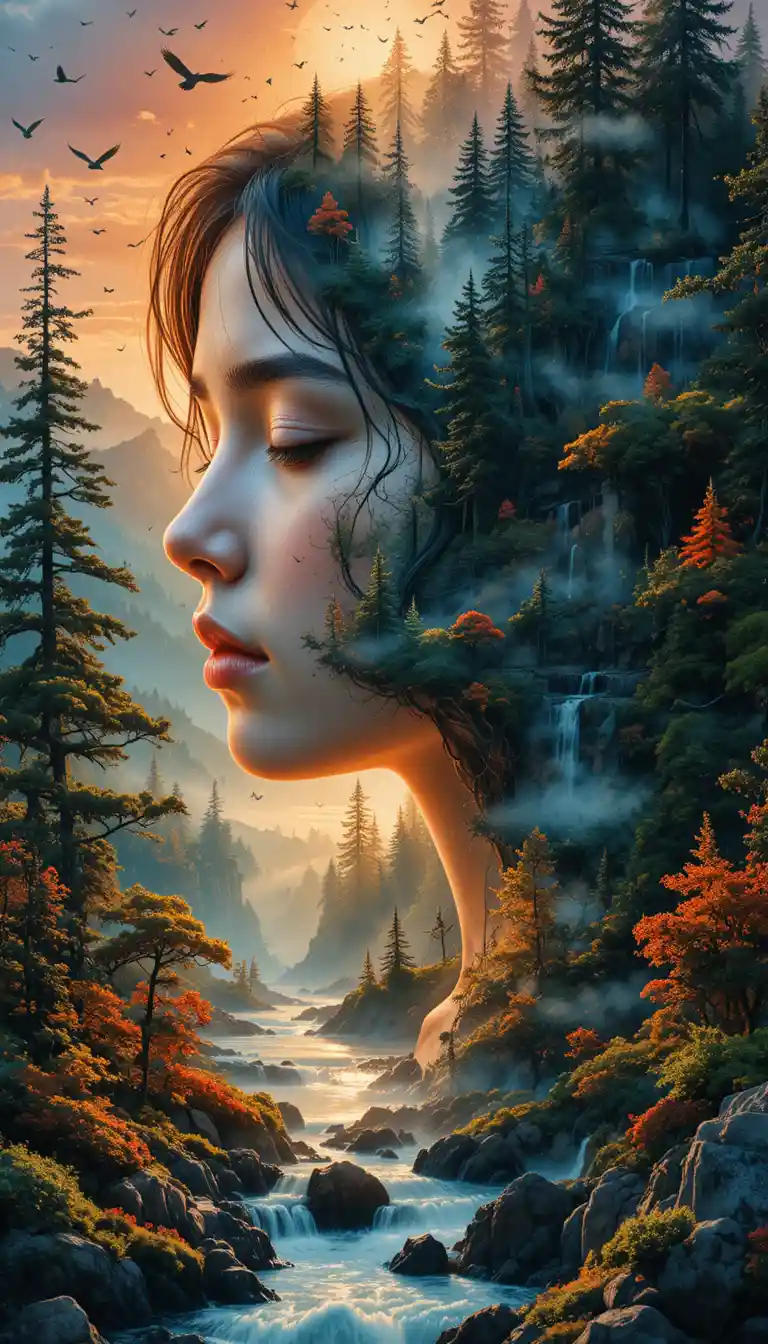 Peaceful child profile merging with glowing fantasy forest