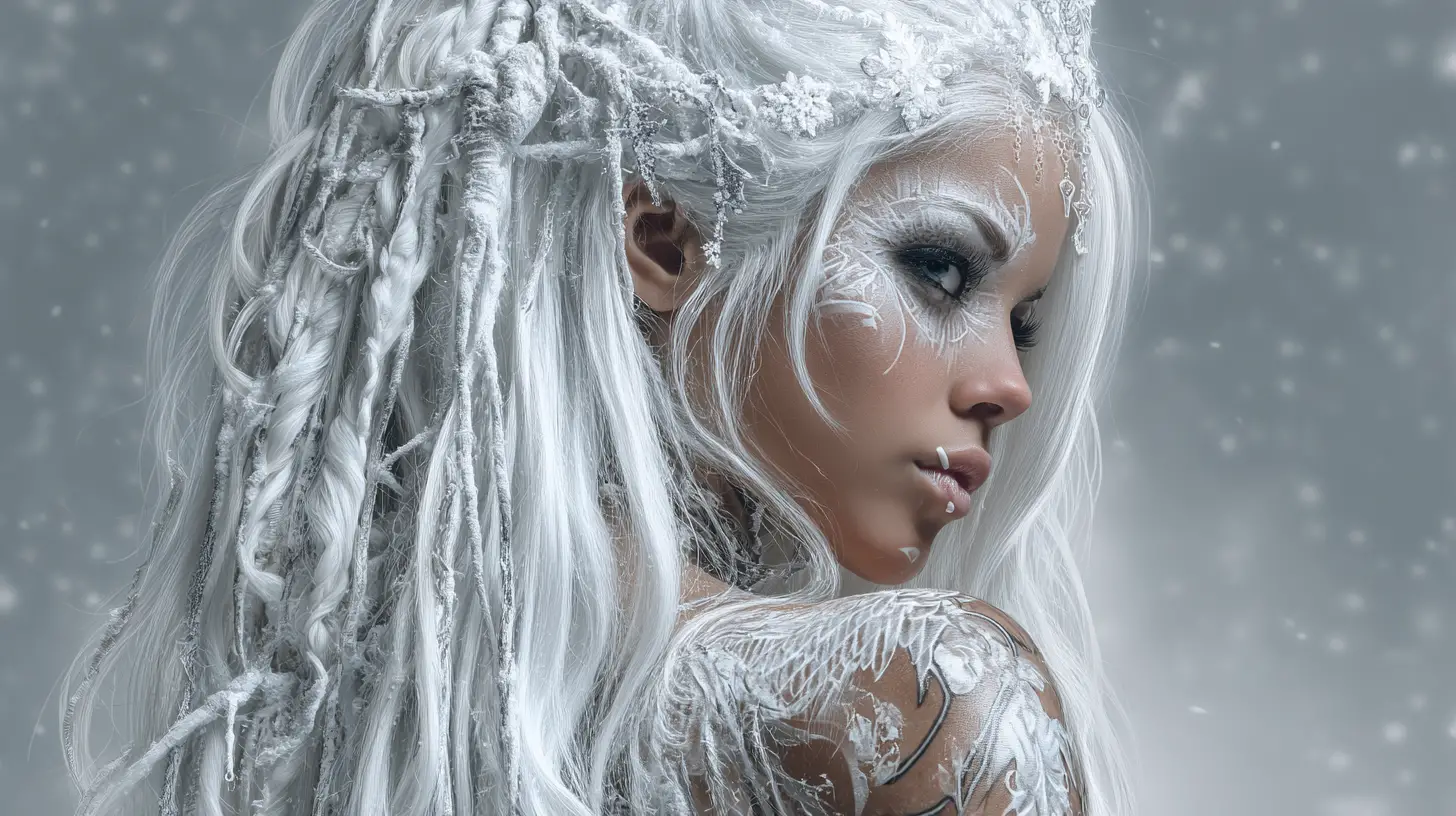 Hechicera de hielo androide en un bosque encantado y helado