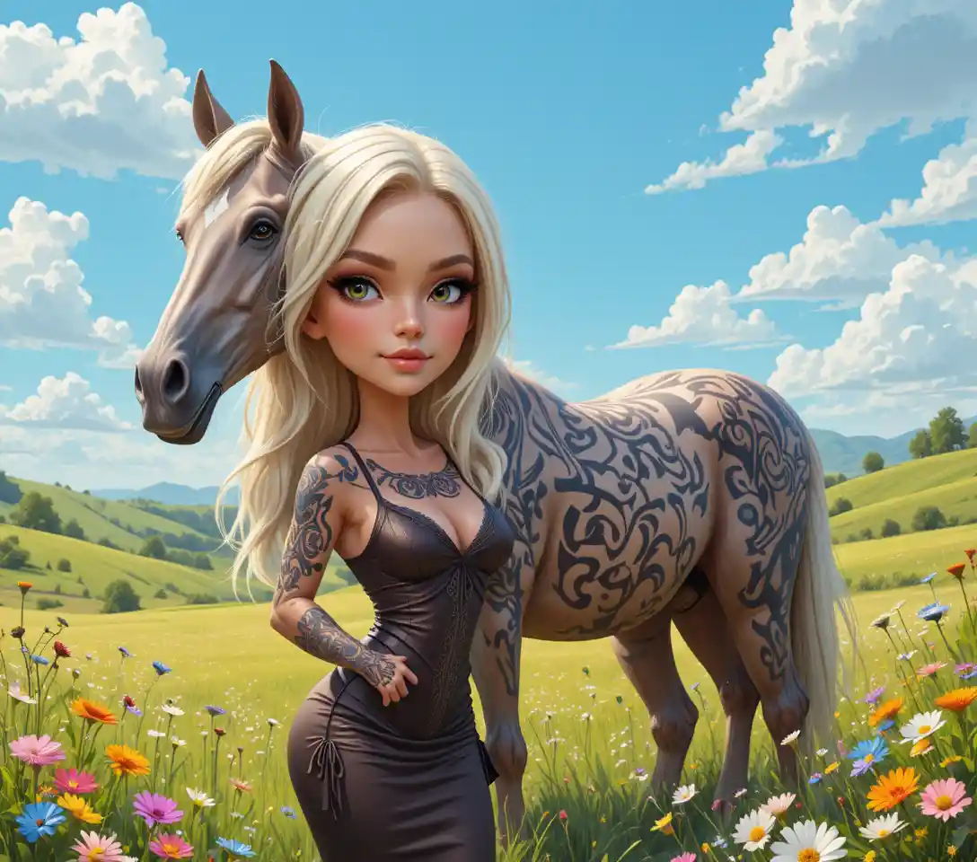 Blonde woman in brown dress with tattooed horse in meadow