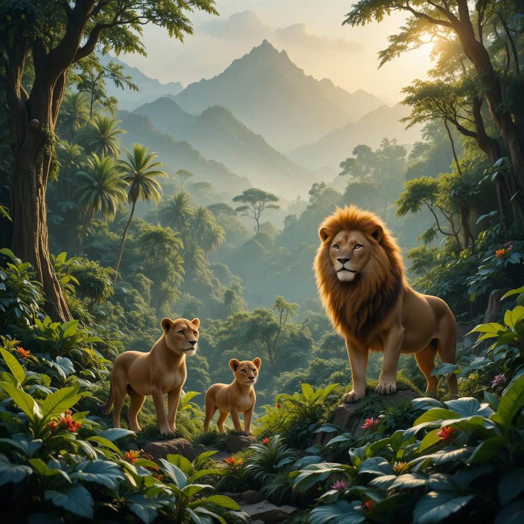 Familia de leones descansando en una selva exuberante