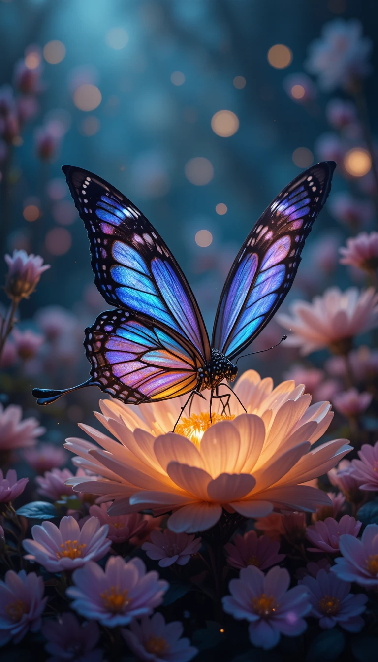 Bunter Schmetterling auf einer leuchtenden Blume in der Nacht