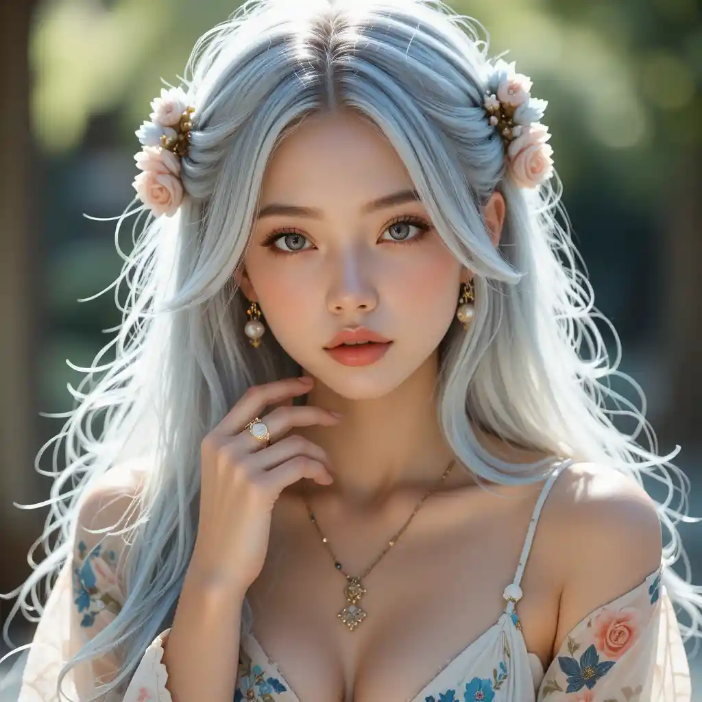 Young woman with silver hair in floral kimono portrait