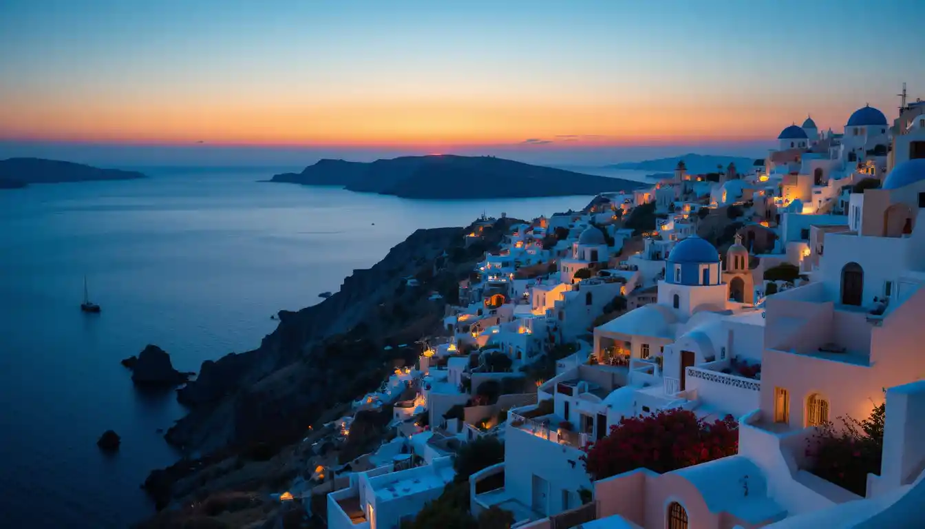 Santorini coastal village at romantic sunset glow