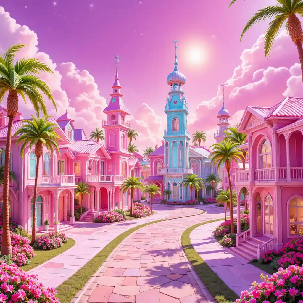 Colorato quartiere fantastico sotto un cielo rosa pastello in stile Barbie