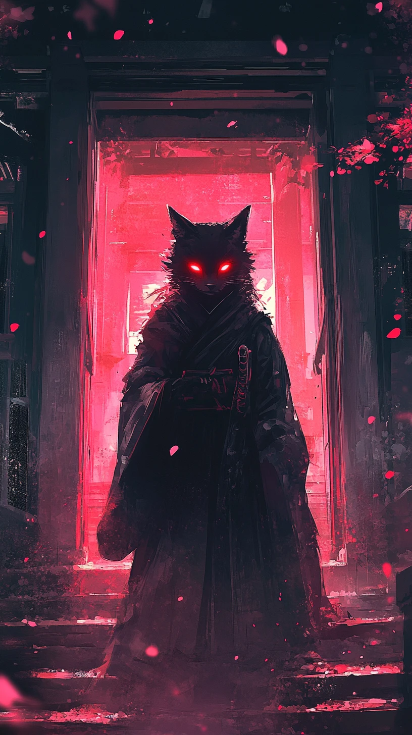 Espíritu kitsune en el umbral sombrío de un templo japonés