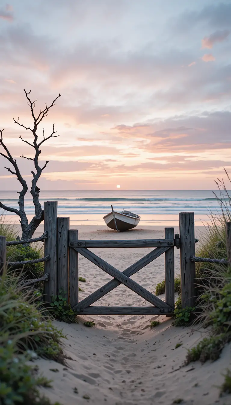 Weathered wooden gate leading onto a tranquil sunset beach