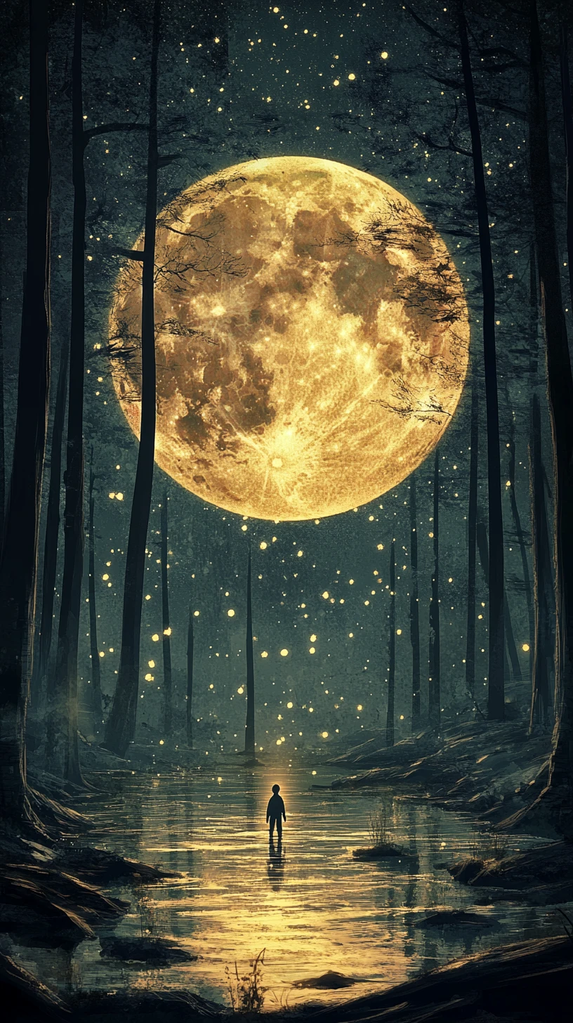 Figura solitaria in una foresta allagata illuminata dalla luna di notte