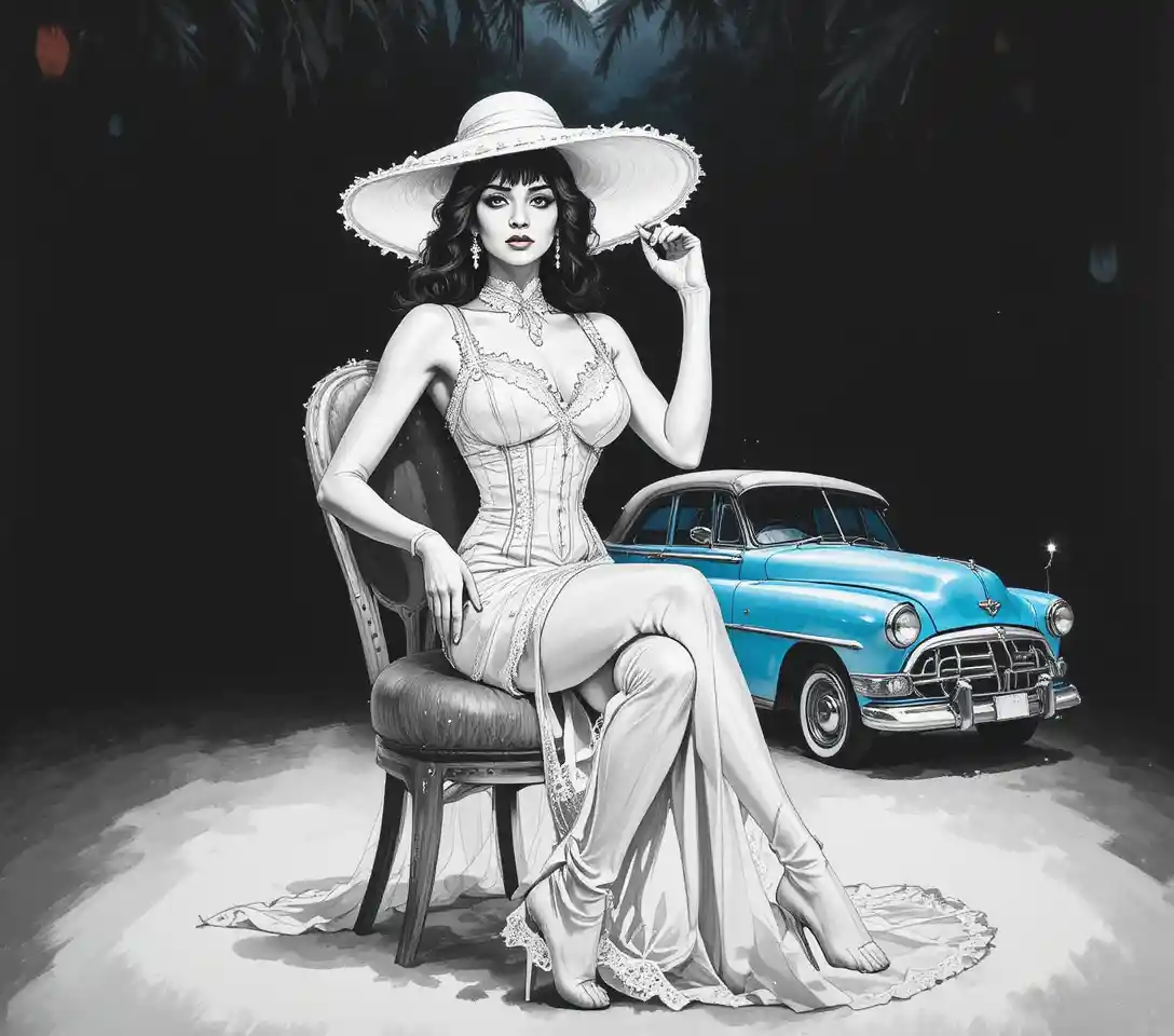 Elegant cabaret woman in top hat and corset on chair