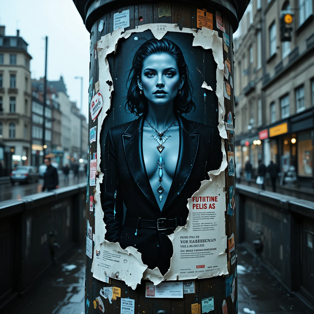 Noir street poster of femme fatale on subway entrance pillar