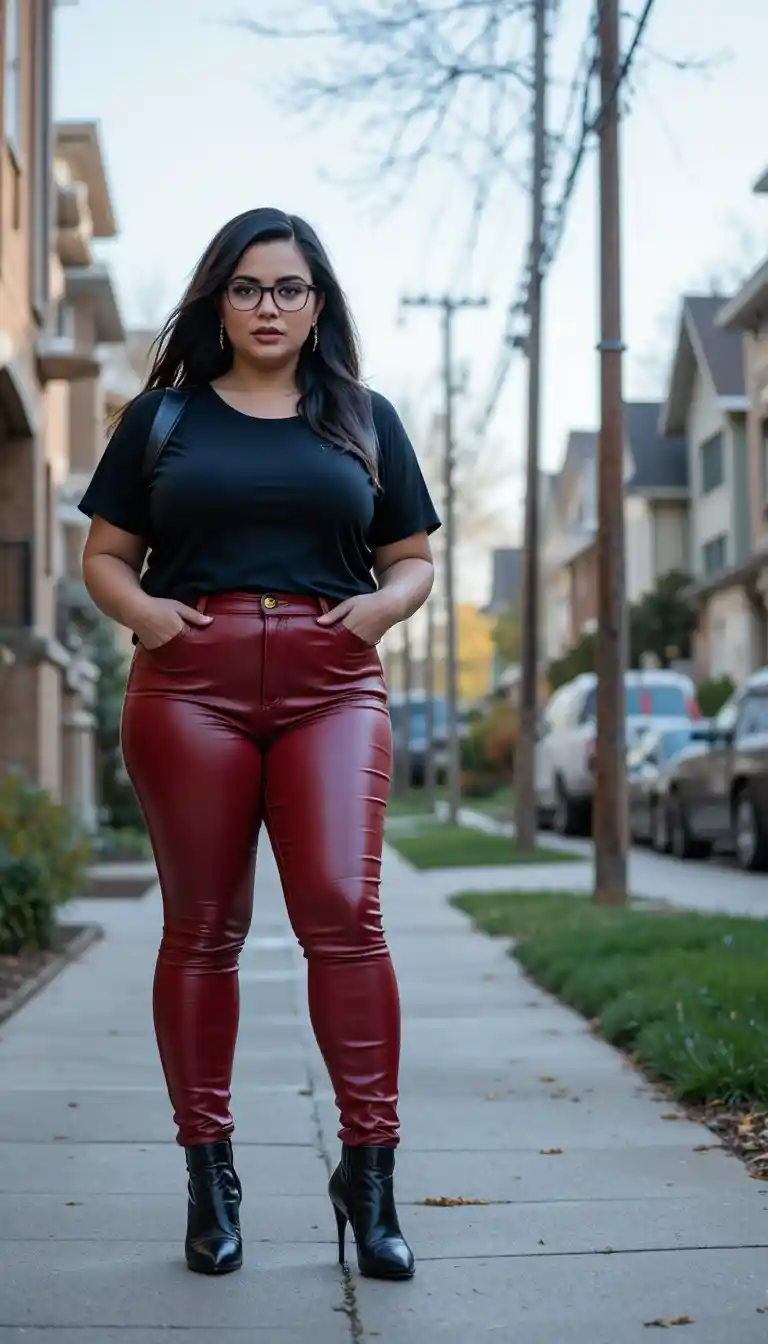 Curvy woman in red leather pants on suburban sidewalk