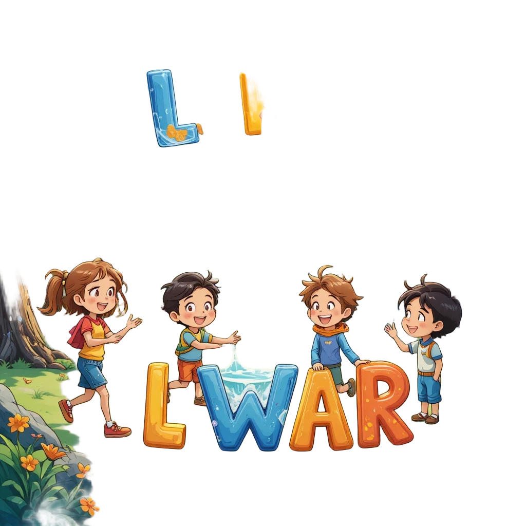 Scena educativa colorata che illustra in modo giocoso il ciclo dell’acqua