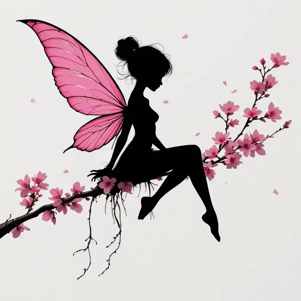 ピンクの桜の花びらの翼を持つミニマルな妖精のシルエット